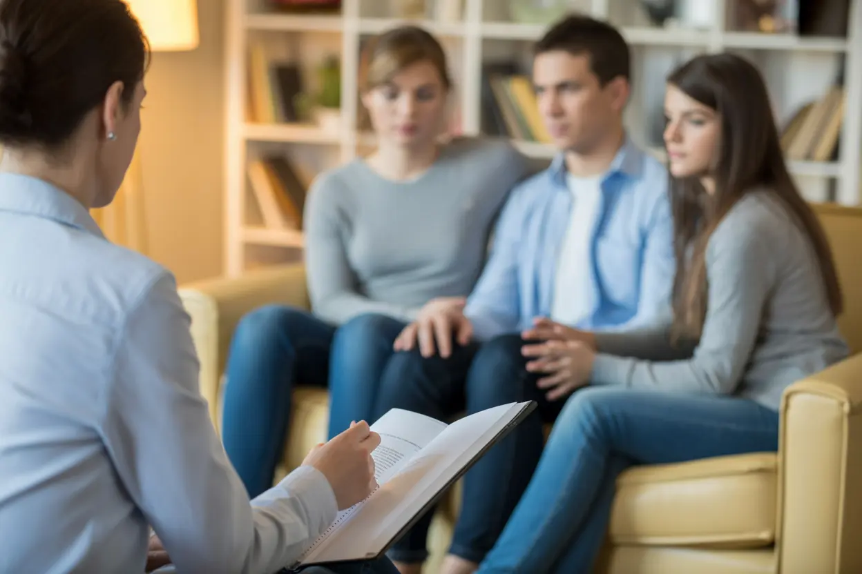 A family engaged in a productive therapy session with a counselor in a warm, professional office.