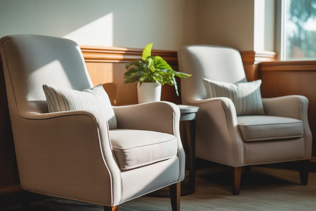Comfortable armchairs in a bright, peaceful visitation lounge.