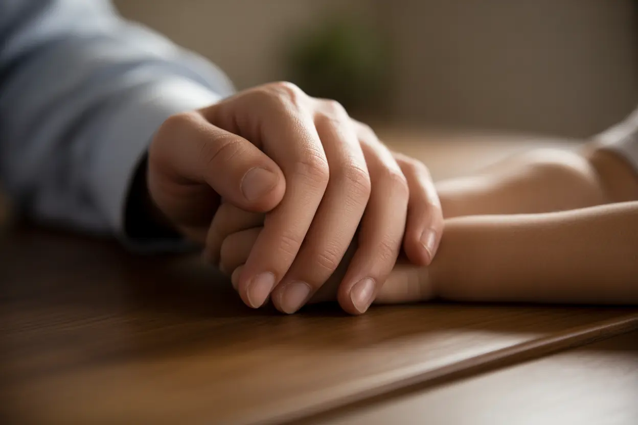 Close-up of a parent's hand and a child's hand resting together, symbolizing connection.