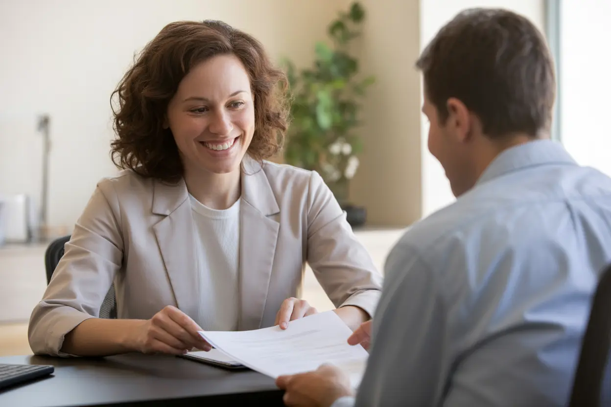 An empathetic career counselor and her client smile as they review a document together in a sunny Indiana office.