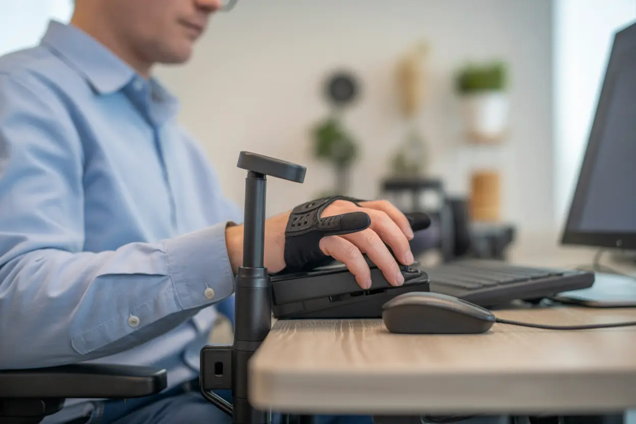 A person with a physical disability uses assistive technology on their computer in an Indianapolis office, showcasing their capability and independence.