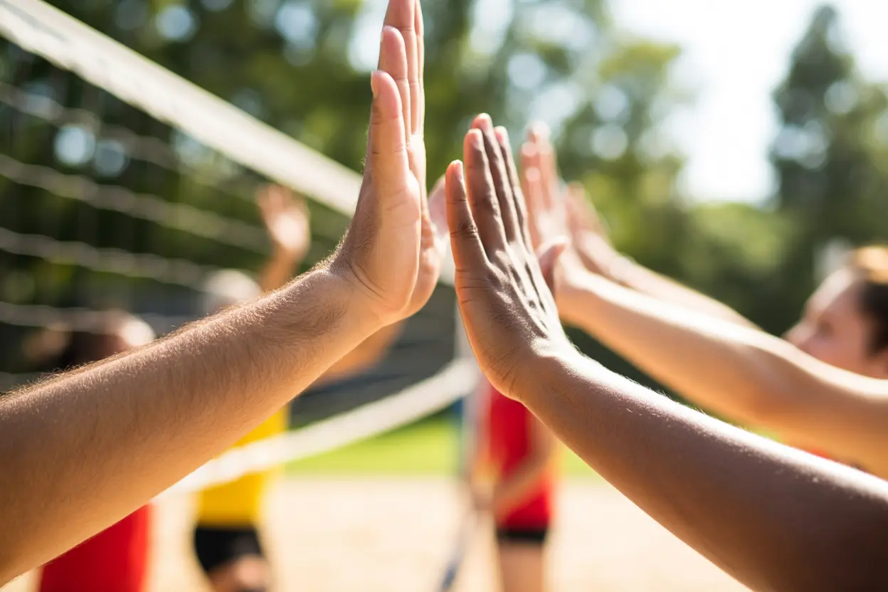 Two hands high-fiving over a volleyball net, symbolizing teamwork and support in recovery.