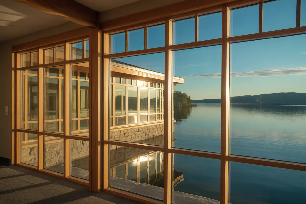 A modern rehab facility with large windows overlooking a calm, scenic lake in Indiana.