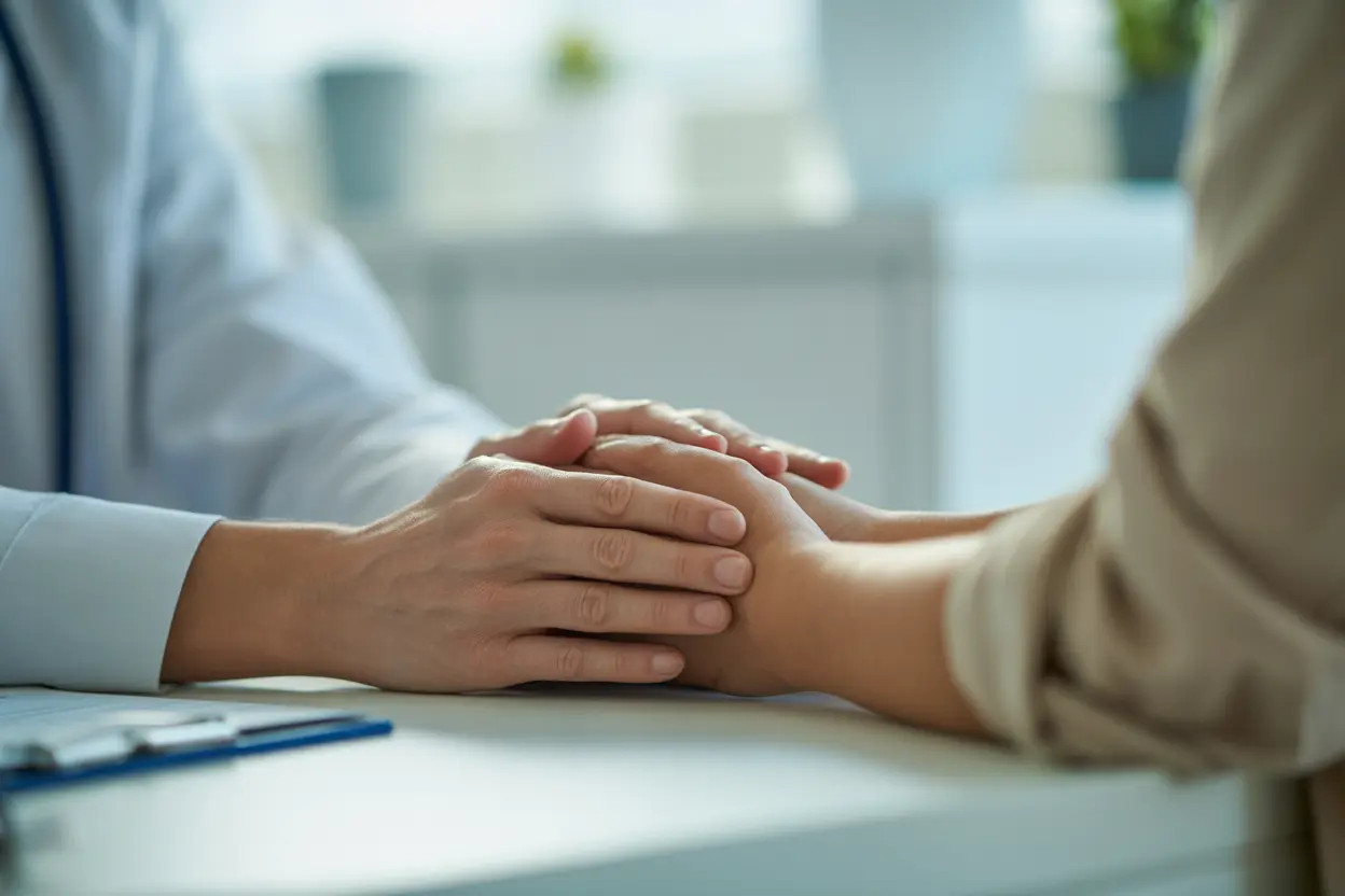 A compassionate healthcare professional's hands offering support to a patient during a consultation.