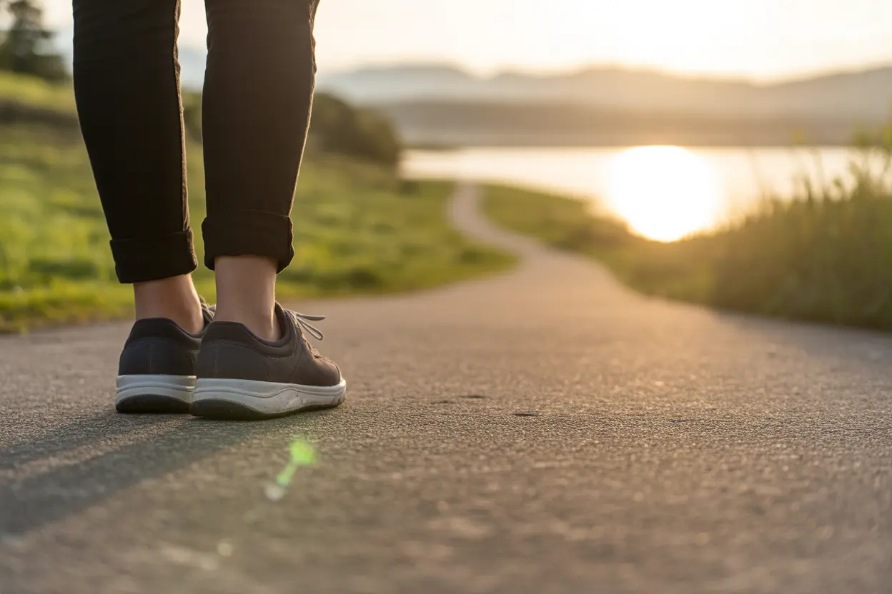 A person's feet in walking shoes at the start of a path leading toward a peaceful lake at sunrise, symbolizing the first step in recovery.