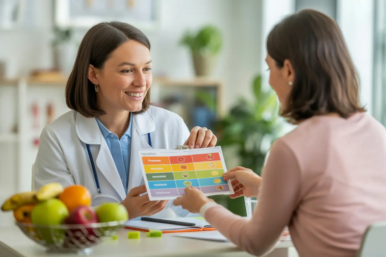 A friendly dietitian discusses a colorful food chart with a client in a bright office.