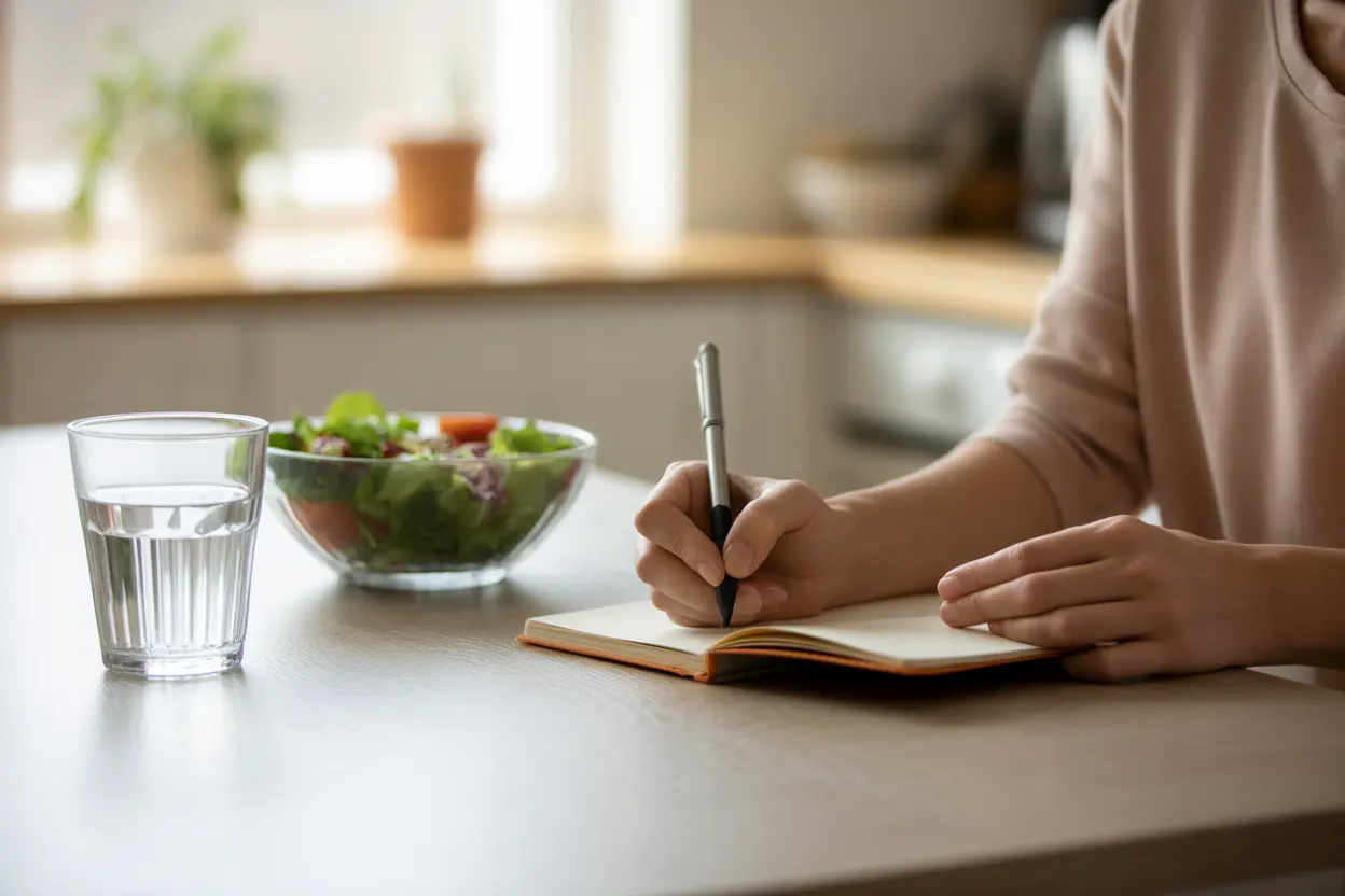 A person writing in a journal at a sunlit kitchen table, focusing on self-monitoring for health.