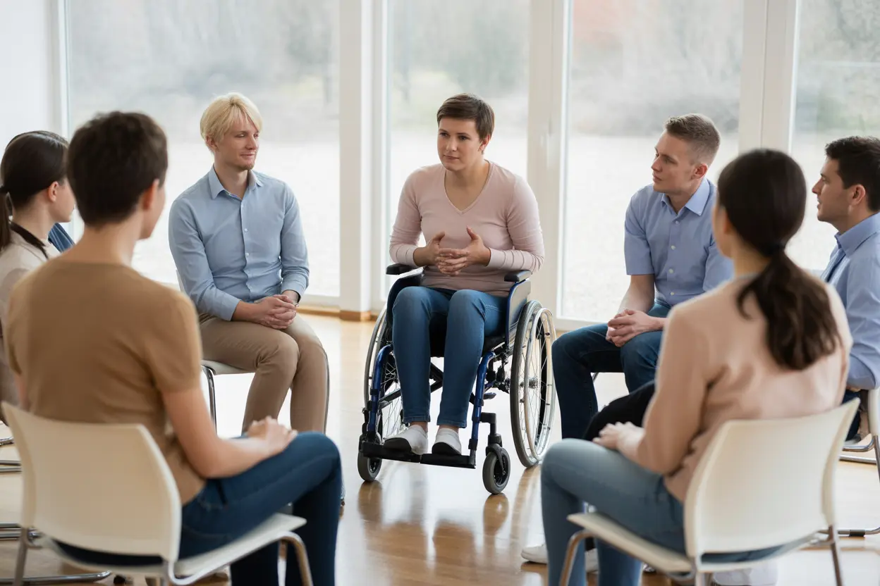 A diverse group in a bright therapy room, with a wheelchair user actively participating, highlighting a sense of community and peer support in an inclusive setting.