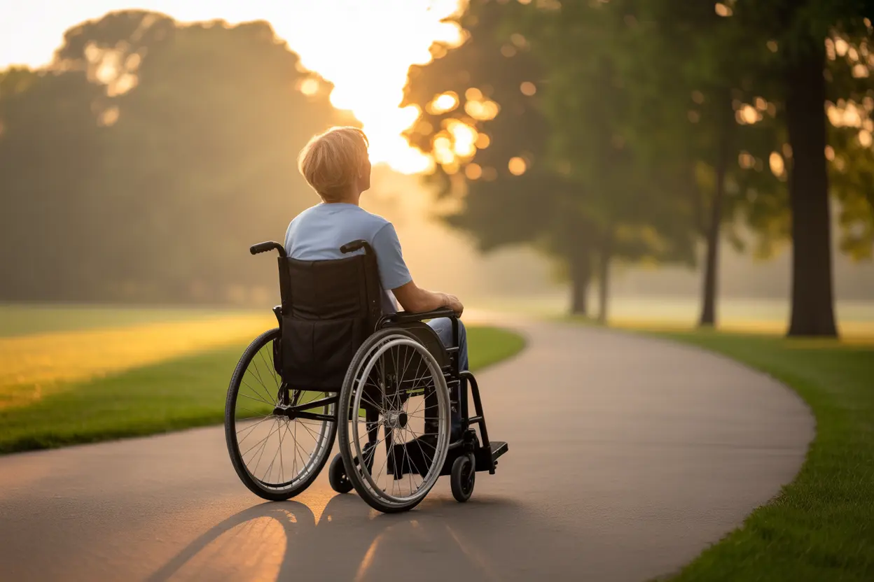 A person in a wheelchair on a paved path in an Indiana park at sunrise, looking towards the light, symbolizing hope, determination, and a new beginning.