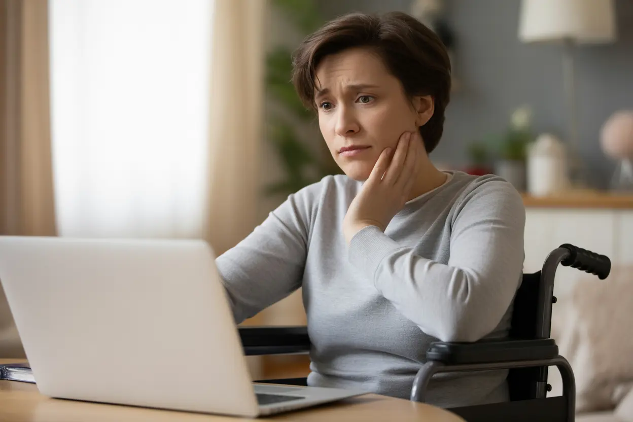 A person in a wheelchair with a contemplative and slightly frustrated expression, looking at an out-of-focus laptop screen in a comfortable home, illustrating the challenge of finding accessible care online.