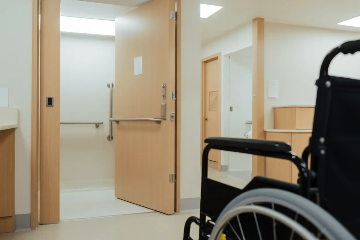 A well-lit and spacious room in a rehab facility, viewed from a low angle, focusing on a wide, ADA-compliant bathroom door with a lever handle, conveying a sense of quality and care.