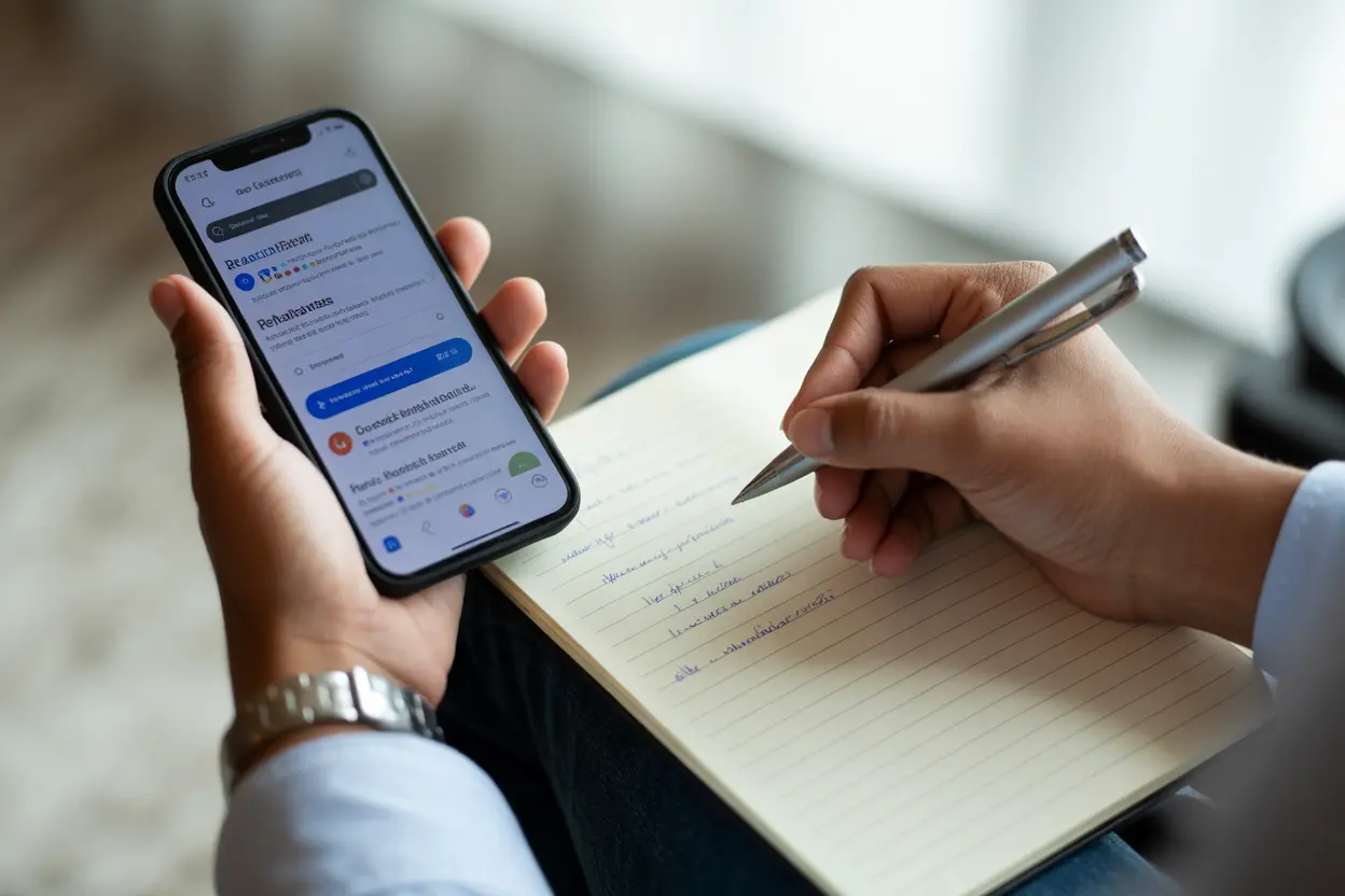 A close-up of a person's hands actively researching rehab options, with one hand holding a smartphone and the other taking notes on a pad, conveying a sense of determination.
