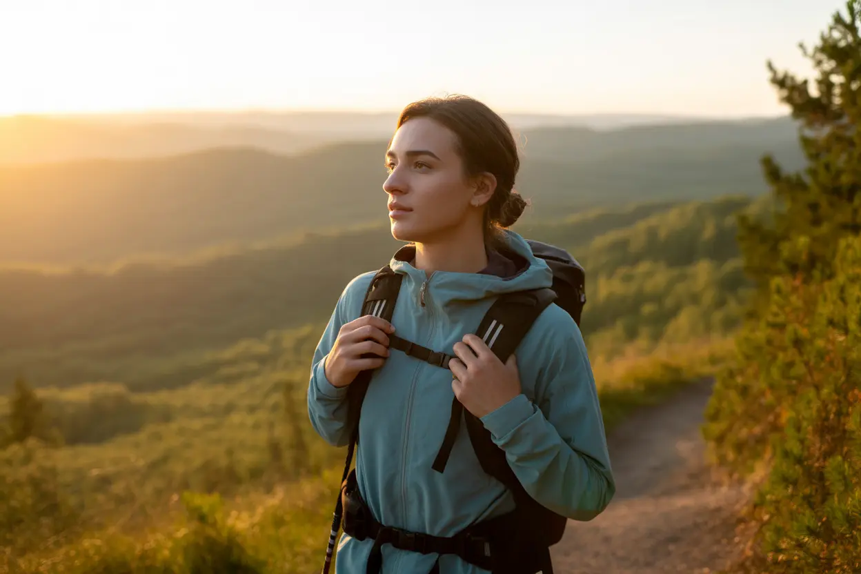 A young person stands on a hiking trail overlooking a forested valley at sunrise, looking peaceful and hopeful.