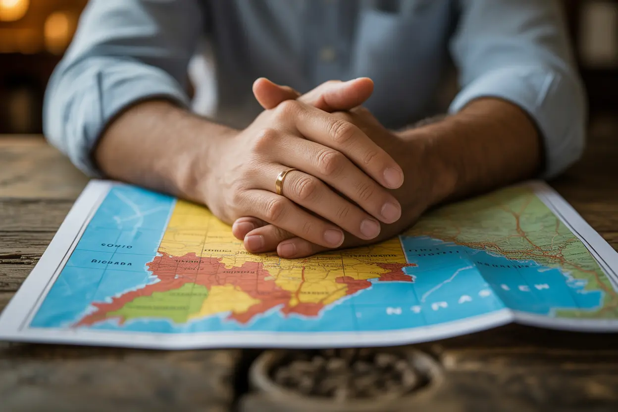 A compassionate hand rests on a map of Indiana and surrounding states, symbolizing guidance in finding the right path to recovery.