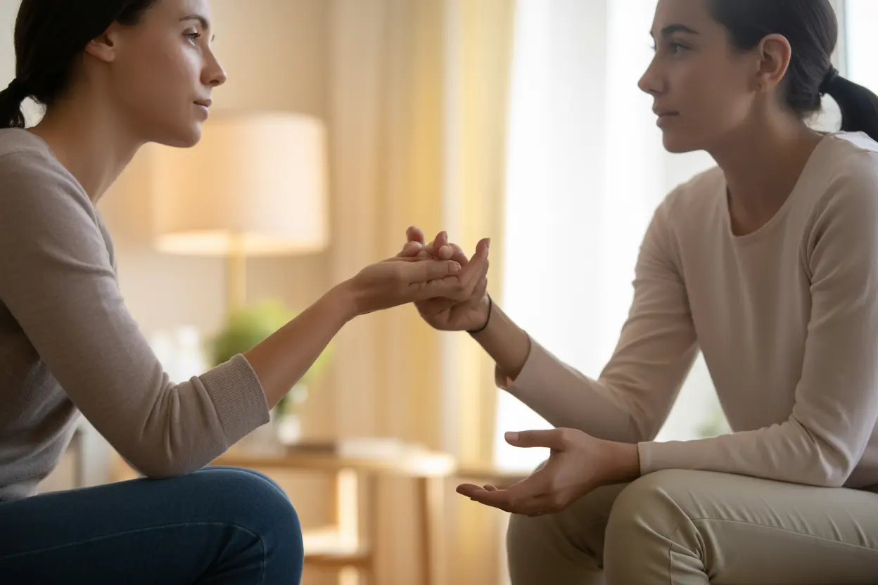 A therapist provides a supportive and understanding presence for a female client in a calm setting.