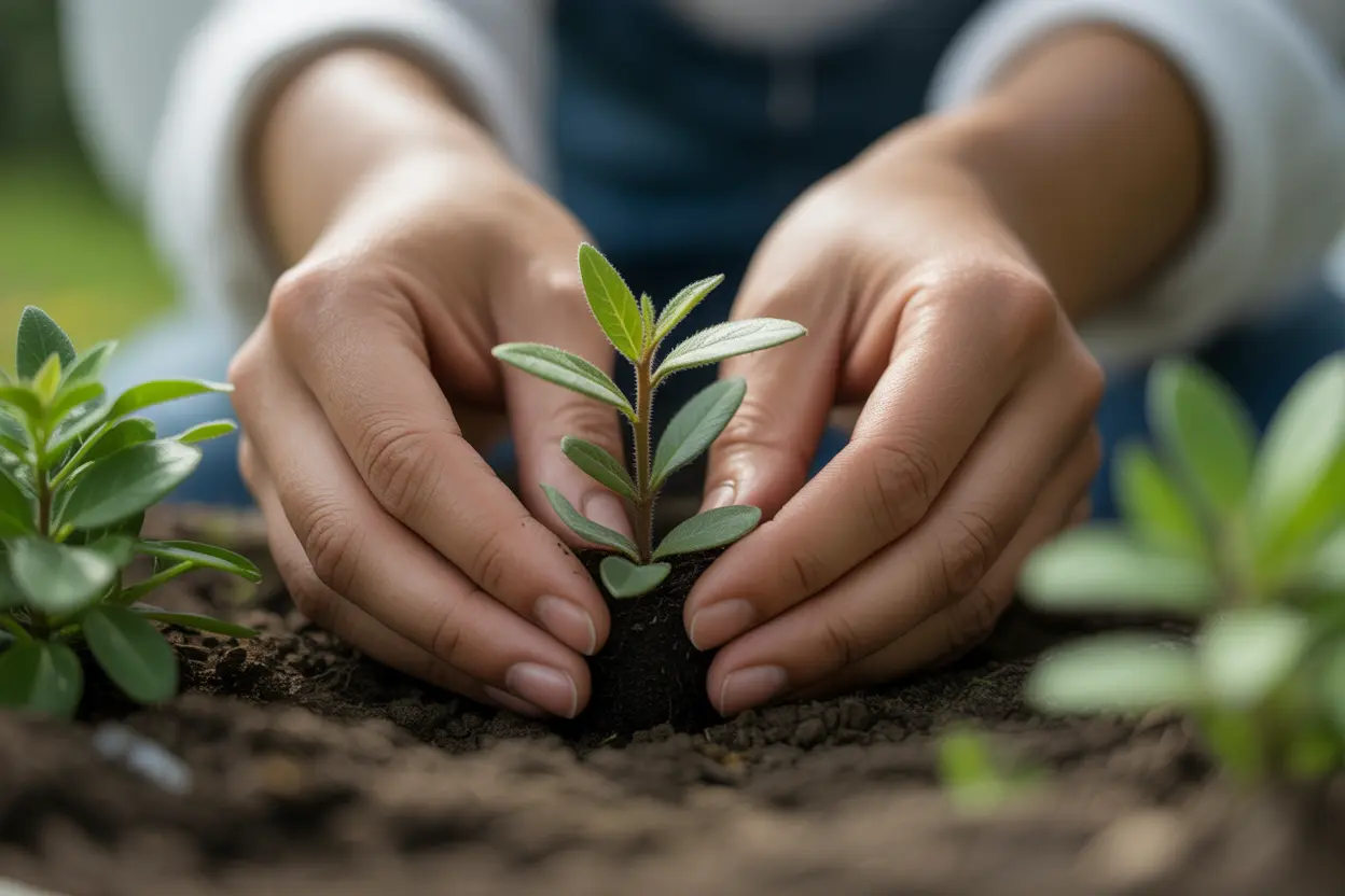 A woman's hands nurturing a small plant, symbolizing growth and healing in recovery.