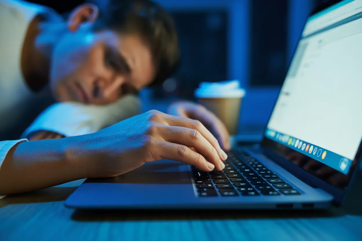 A person's hands lit by a laptop screen while working late at night, conveying exhaustion and burnout.