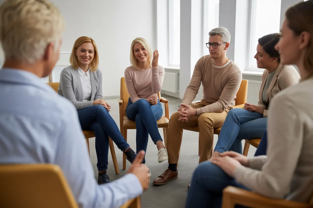 A hopeful and supportive group therapy session with diverse individuals sitting in a circle.