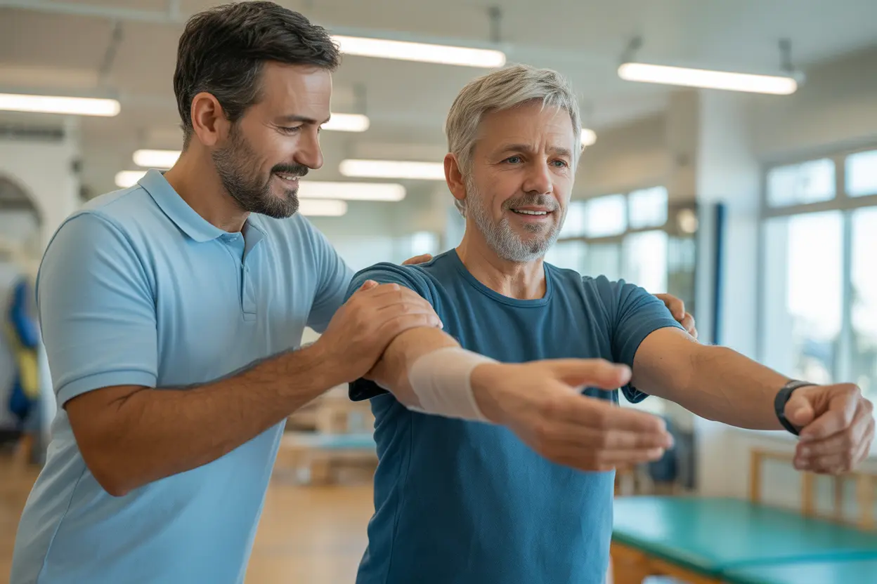 A physical therapist assists an older patient with a gentle mobility exercise in a bright, modern rehabilitation facility.