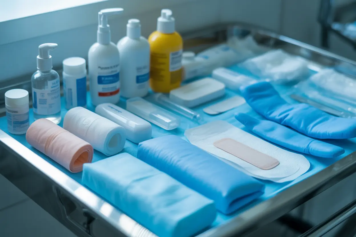 A tray of modern wound care supplies including dressings, sterile gloves, and cleansing solutions in a clean clinical setting.