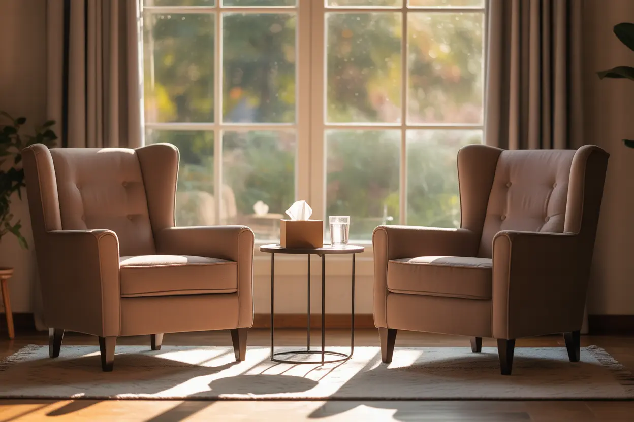 A calm and professional therapy room, ready for a constructive conversation about recovery.