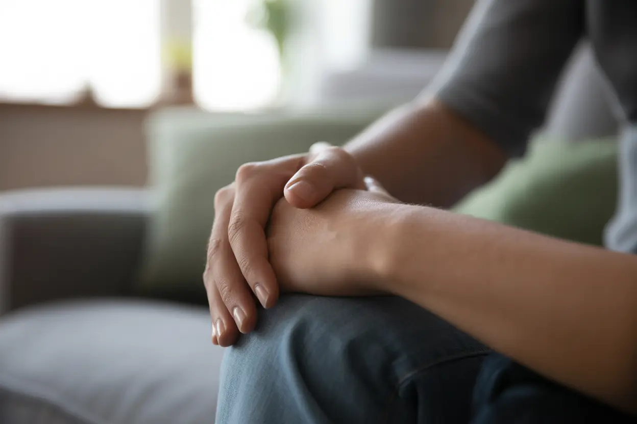 A supportive hand rests on a person's shoulder, conveying empathy and care.