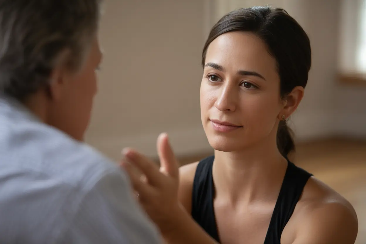 A compassionate yoga therapist listens intently to a client in a calm, private session.